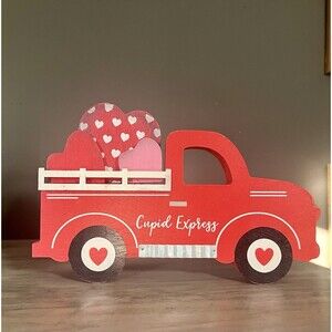 Valentines Day Wooden Red Truck Cupid Express Holiday Decor